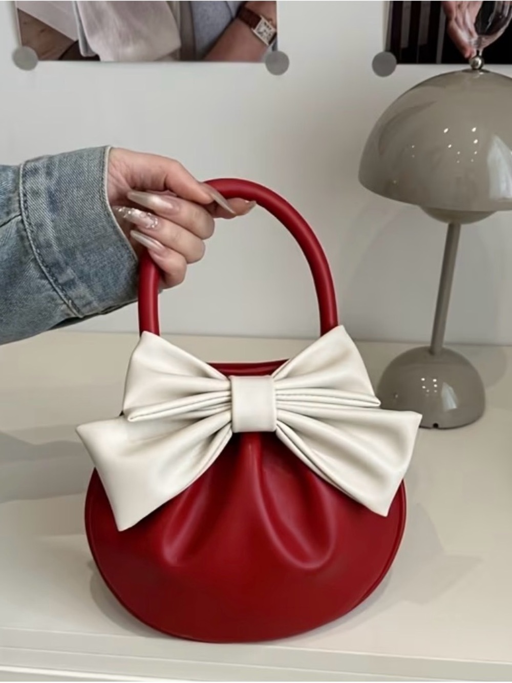 Red Mini Top-Handle Bag with Cream Bow Accent
